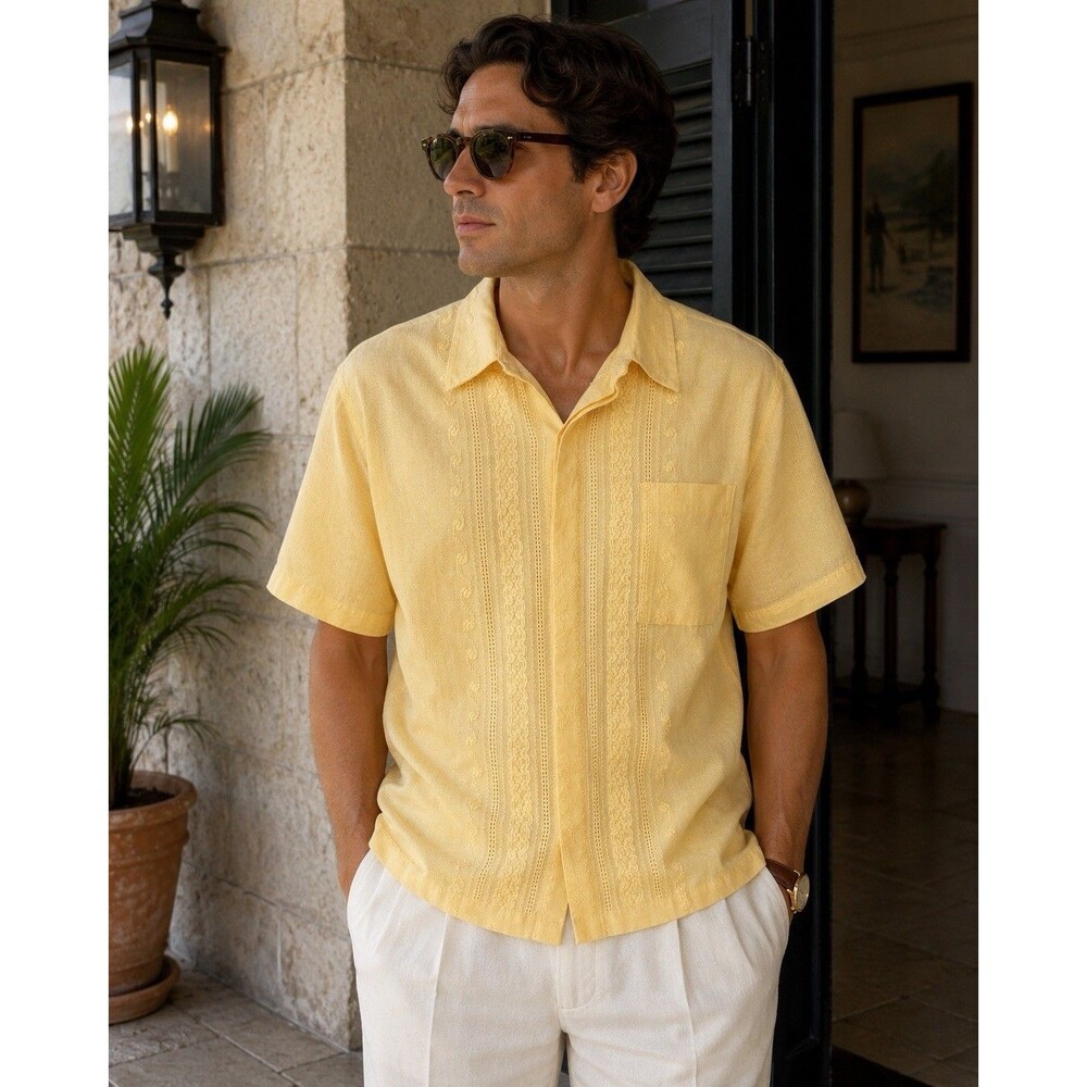 Vtg Paraguayan Ao Po’i Shirt Hand Embroidered Cotton Guayabera Yellow L Retro